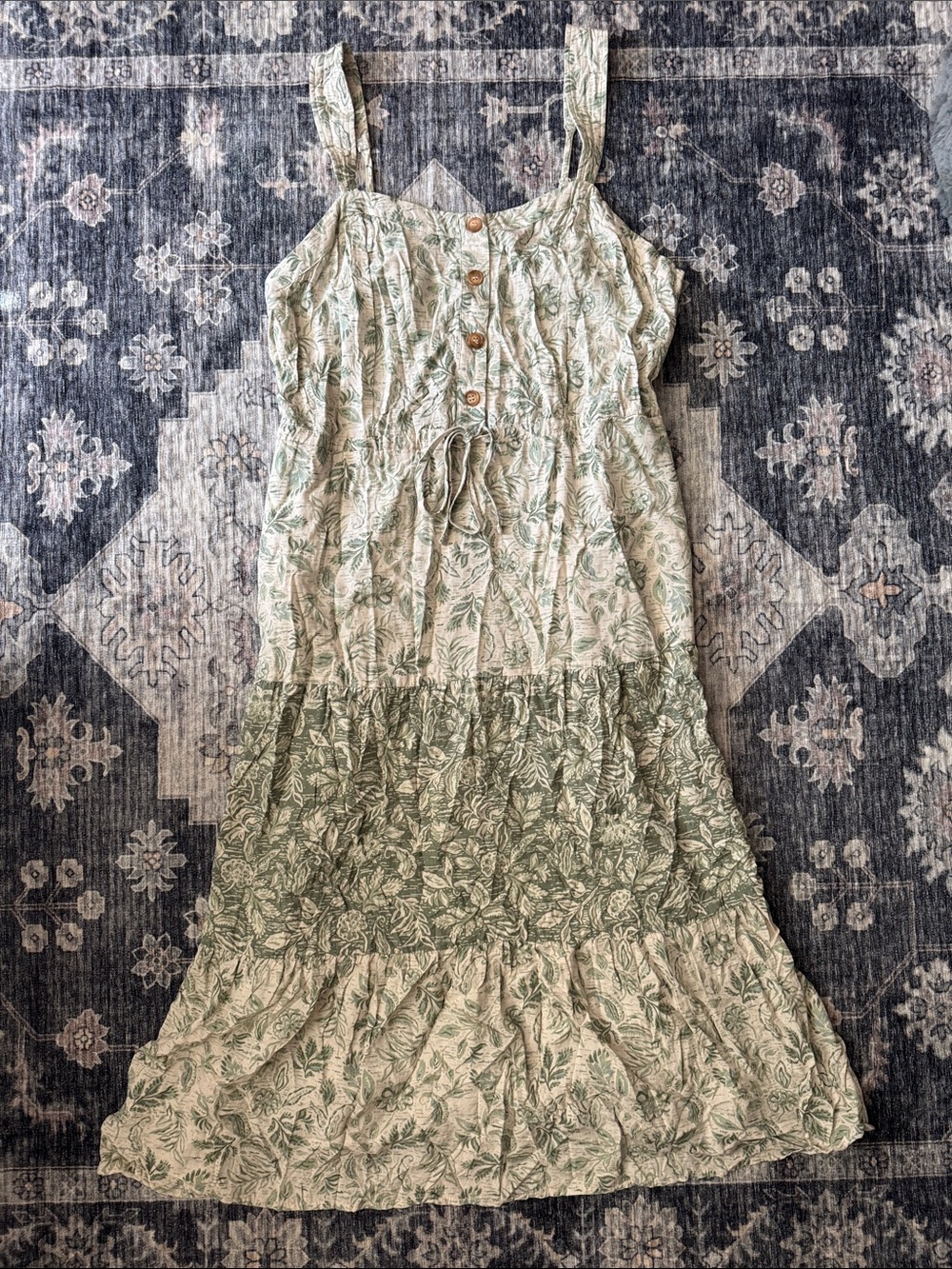 Lucky Brand Ivory and Green Leaf-Print Tiered Maxi Dress